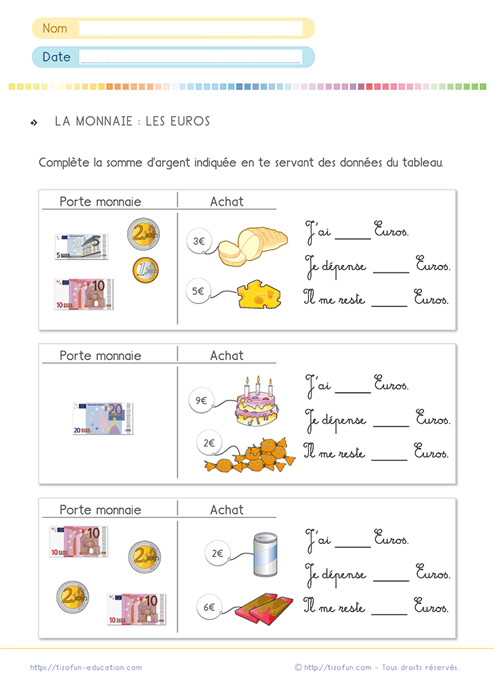 Fiche d'exercice avec problèmes de monnaie CP CE1 illustrant des achats et des calculs de somme restante après une dépense.