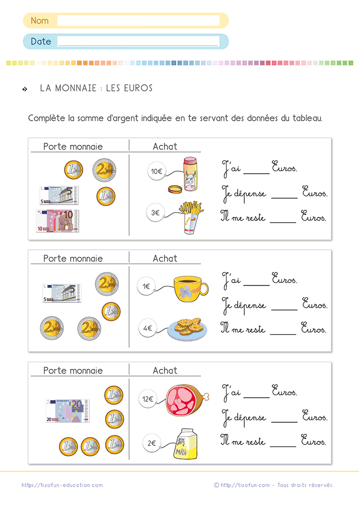 Fiche pour résoudre un problème avec l'euro au CP CE1 à partir de porte-monnaie, d'achats et de calculs de somme restante.