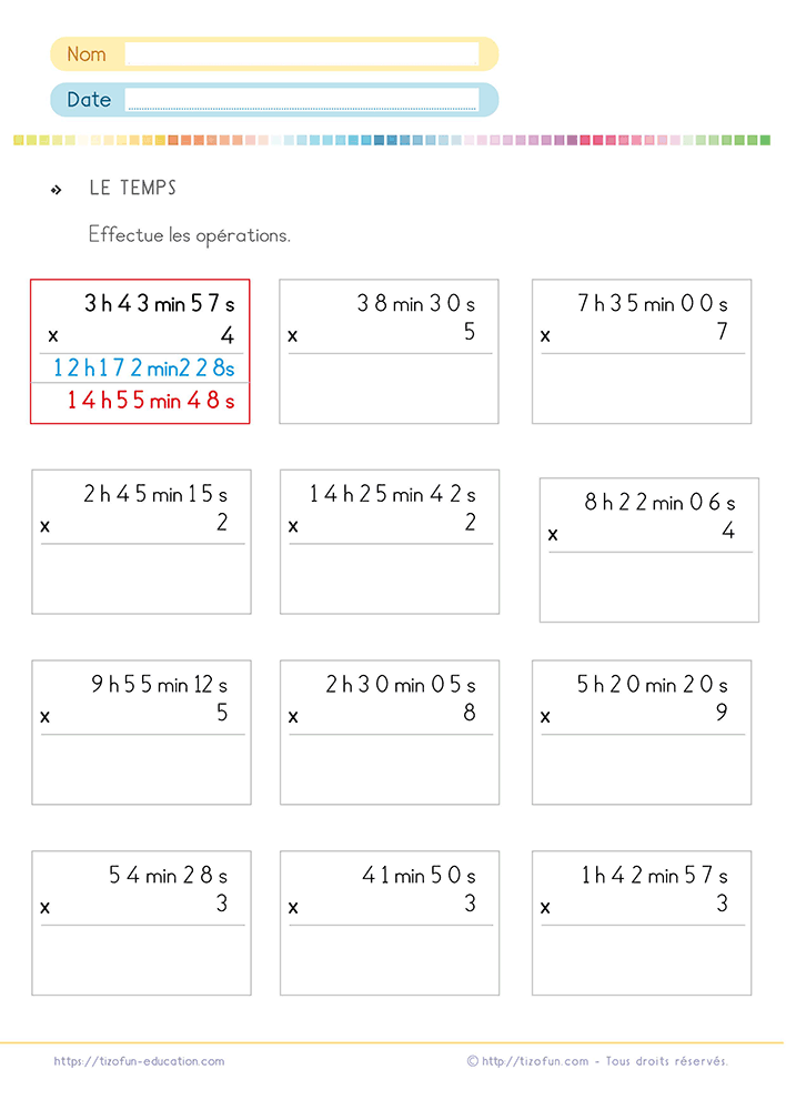 Activité de Grandeurs et mesures pour multiplier des durées et des temps à partir de calculs posés avec heures, minutes et secondes.