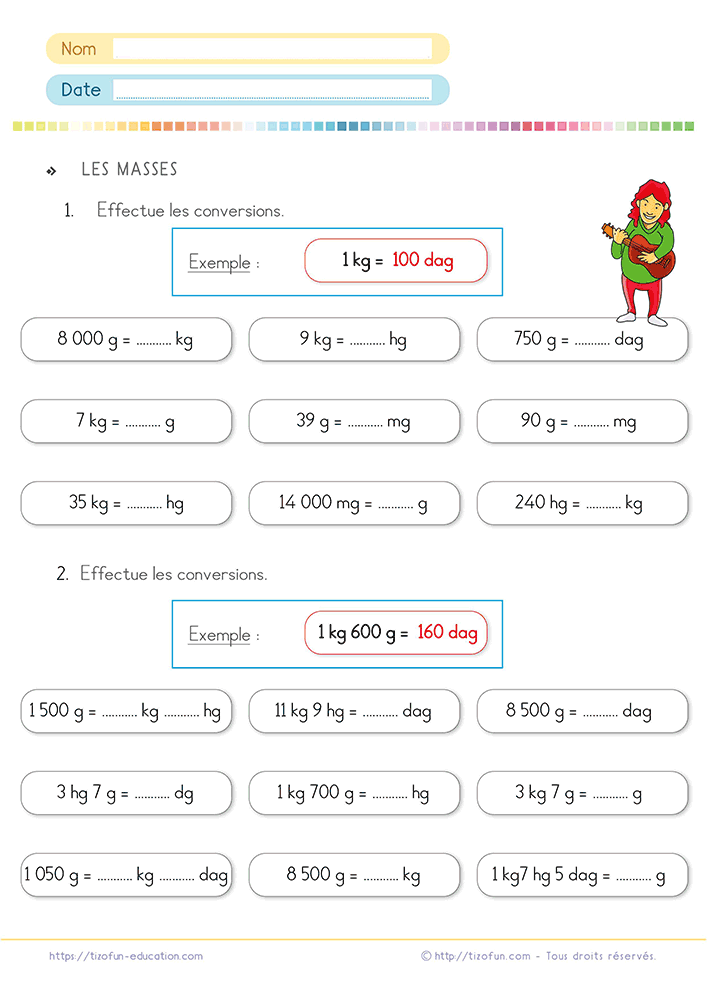Activité de grandeurs et mesures pour utiliser le tableau de conversion des masses avec des conversions d'unités simples et composées du kilogramme au milligramme.