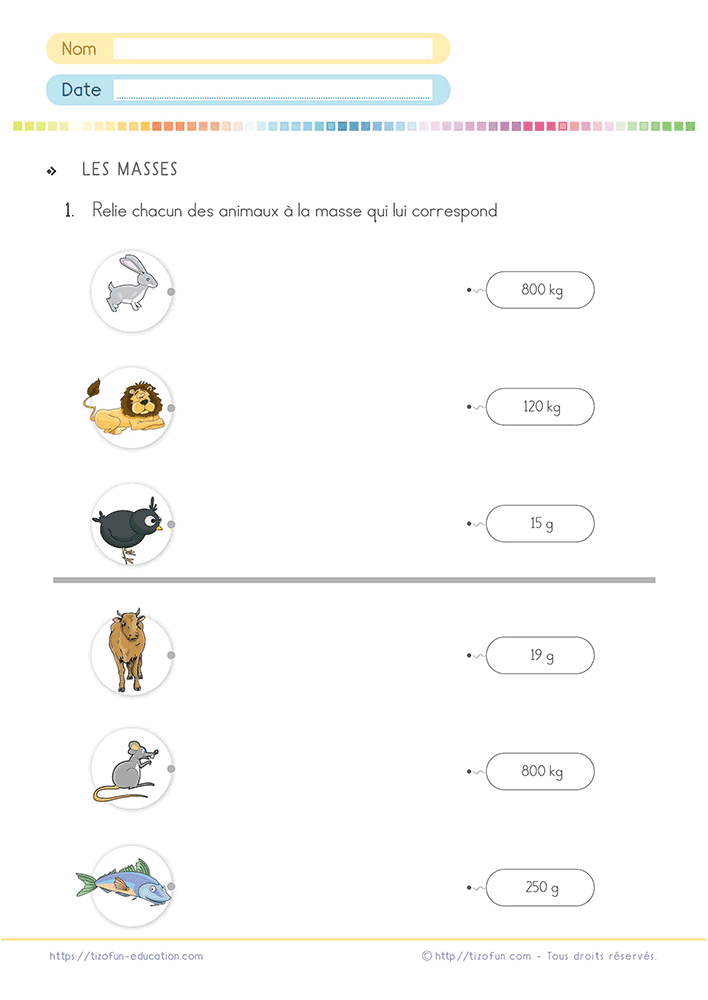 Activité de Grandeurs et mesures pour estimer et comparer des masses en reliant plusieurs animaux à une valeur de poids réaliste exprimée en grammes ou en kilogrammes.