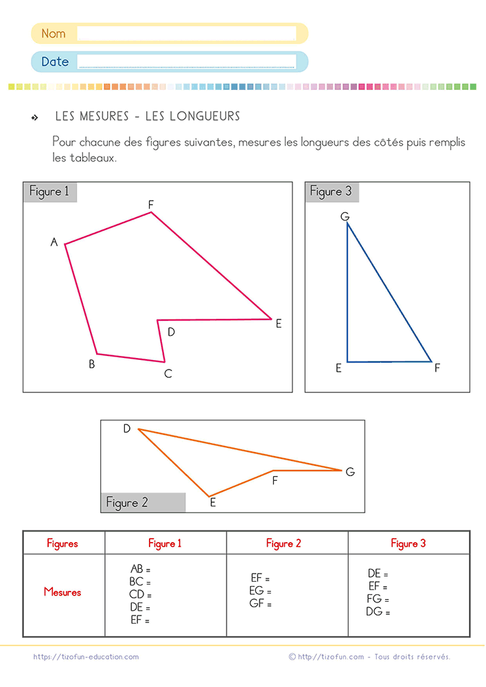Activité de Géométrie pour mesurer les côtés d'un polygone en relevant chaque longueur avec une règle graduée avant de compléter un tableau de mesures.