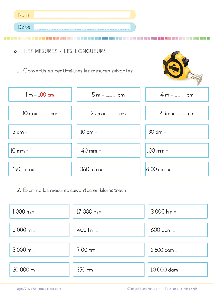 Activité de Grandeurs et mesures pour utiliser le tableau de conversion des longueurs et convertir des mesures entre centimètres, mètres et kilomètres.