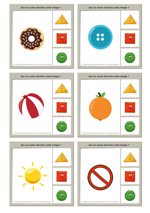 Prévisualisation d'un jeu de 18 cartes à pincer pour retrouver les formes géométriques cachées dans les objets de la vie quotidienne en maternelle.