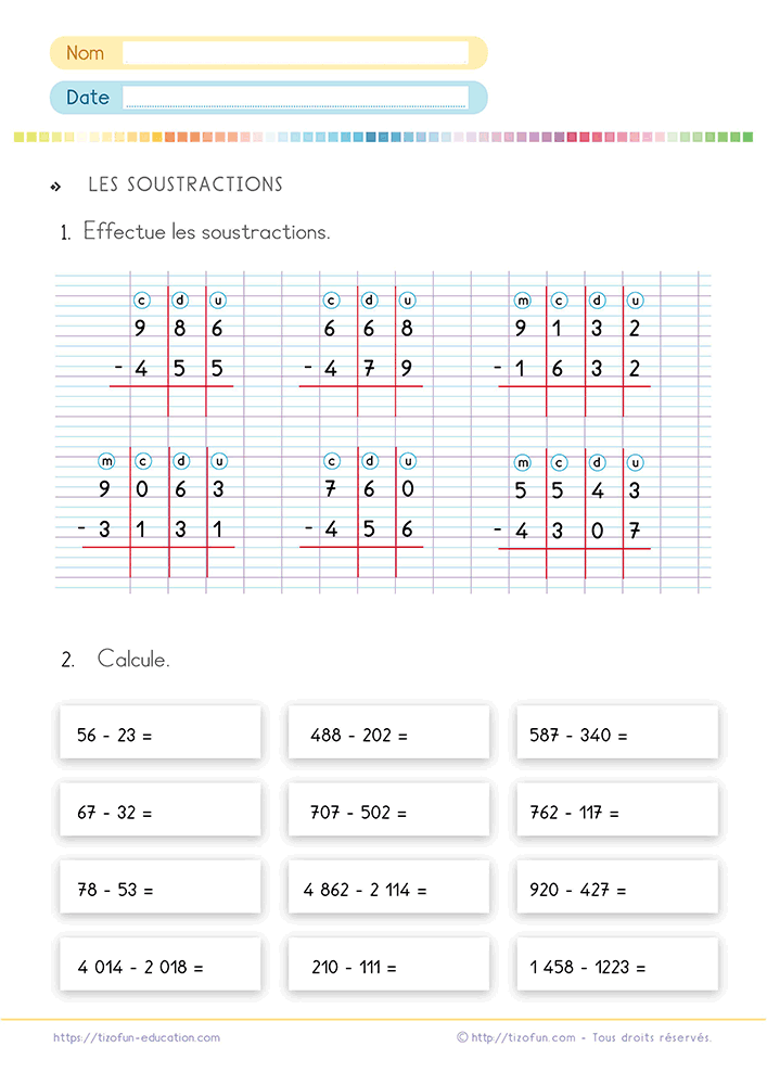 Exercices de Mathématiques pour poser et effectuer une soustraction avec retenue en colonnes puis résoudre des soustractions écrites en ligne.