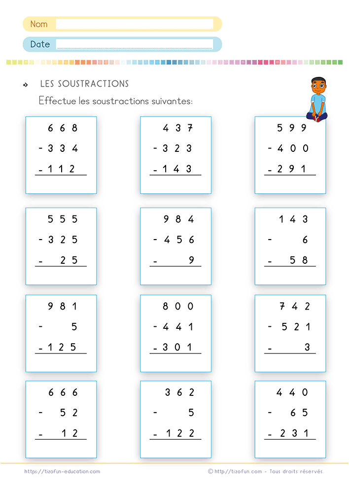 Exercices de Mathématiques pour effectuer une soustraction à plusieurs nombres grâce à des opérations posées en colonnes avec retraits successifs.