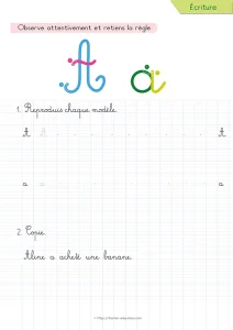 Copier une phrase en cursive avec la lettre A : Aline et la banane