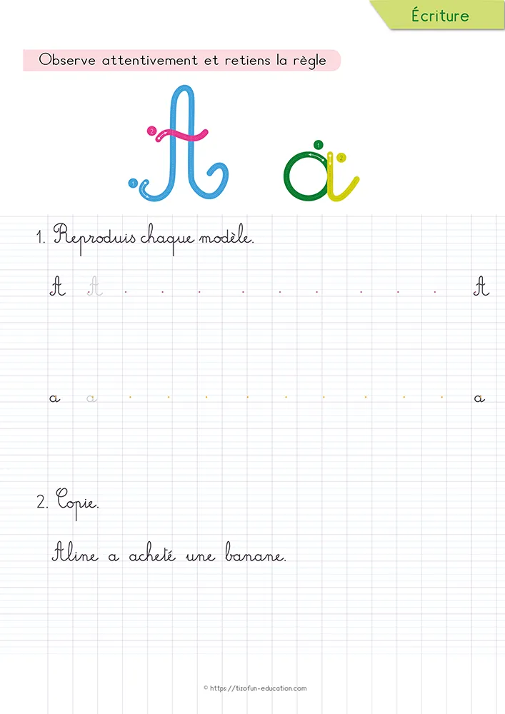 Aperçu de la fiche : le A cursive tracé sur lignage, au-dessus d'une phrase modèle que l'enfant recopie ligne par ligne.