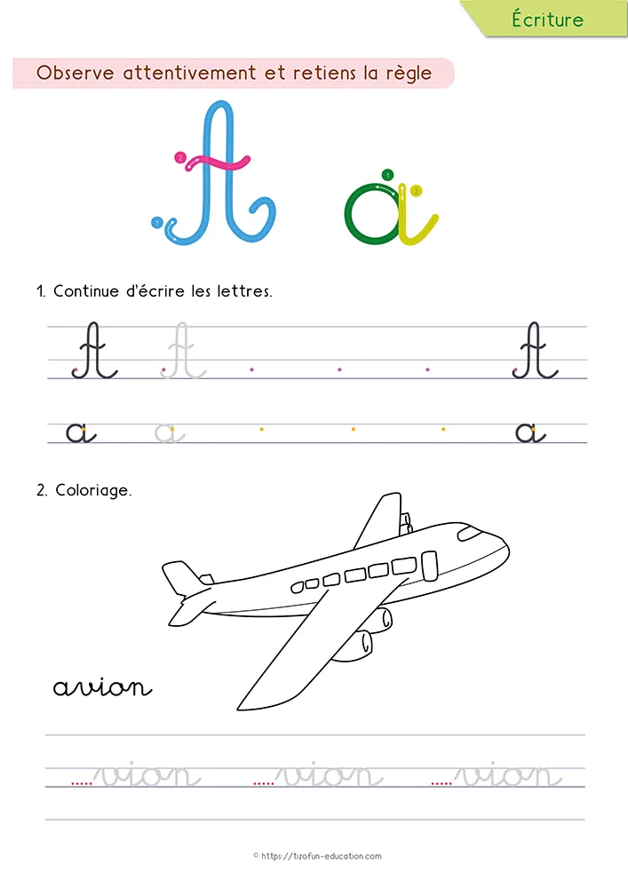 Aperçu de la fiche : la lettre A tracée en cursive sur lignage, un avion à colorier et le mot avion à recopier.