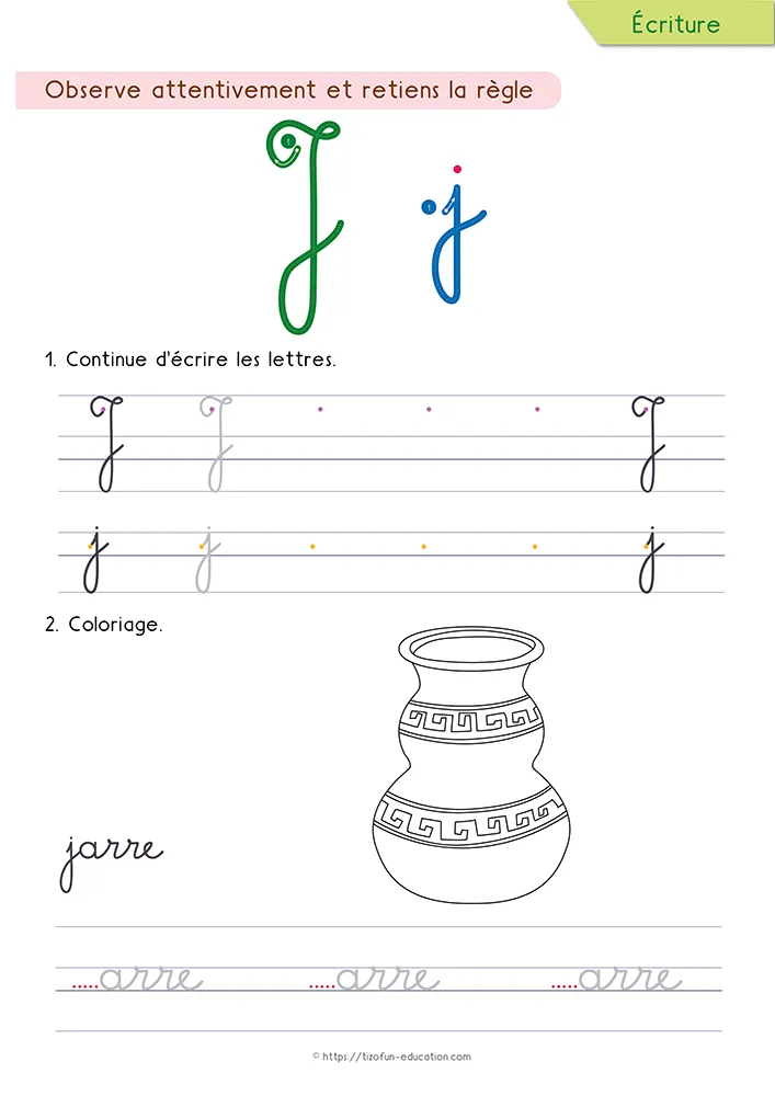 Aperçu de la fiche : le j tracé en cursive avec son jambage bouclé, une jarre à colorier et le mot jarre à compléter.