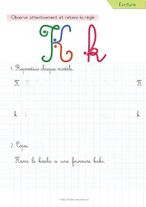 Copier une phrase en cursive avec la lettre K : le koala et sa fourrure kaki