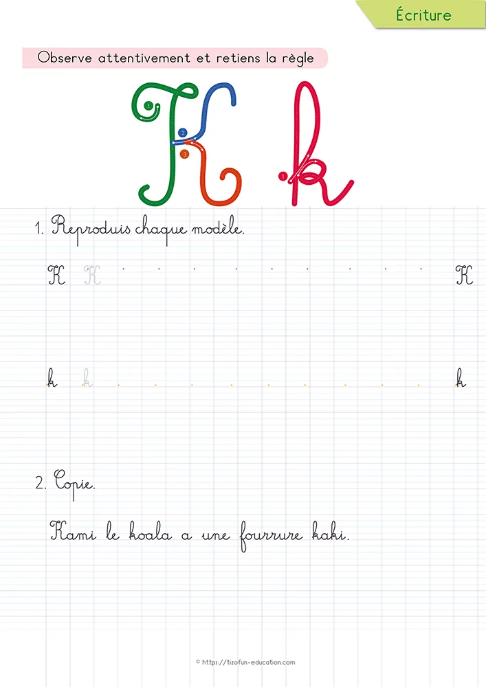 Aperçu de la fiche : le k cursive et ses traits obliques sur lignage Seyès, sous une phrase que l'enfant recopie.