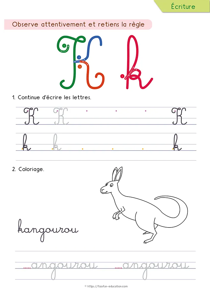 Aperçu de la fiche : le k tracé en cursive avec sa haute boucle, un kangourou à colorier et le mot kangourou.