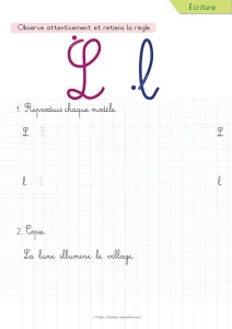 Copier une phrase en cursive avec la lettre L : la lune sur le village