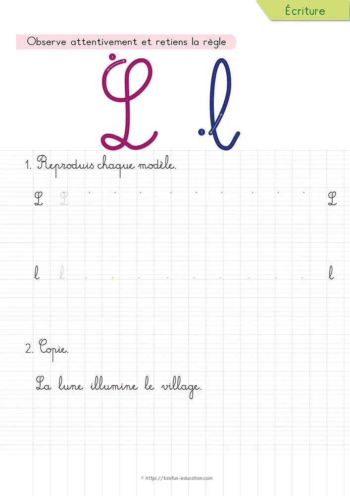 Aperçu de la fiche : le l cursive et sa grande boucle sur lignage Seyès, sous une phrase courte que l'enfant recopie.