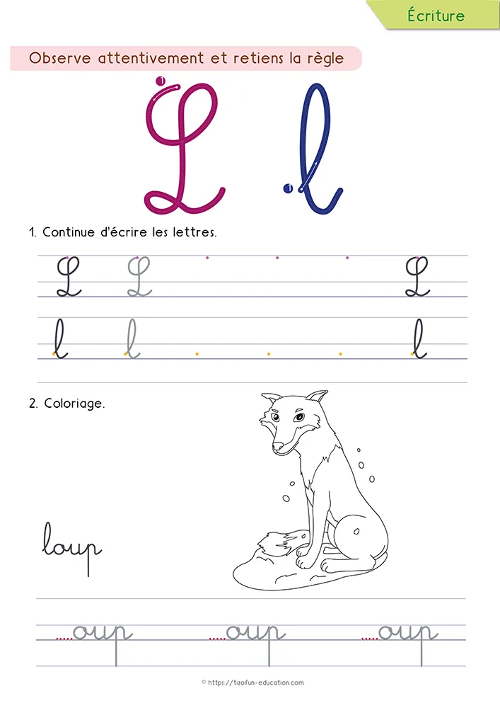 Aperçu de la fiche : la grande boucle du l en cursive sur lignage, un loup assis à colorier et le mot loup.
