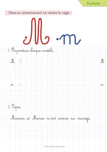 Copier une phrase en cursive avec la lettre M : six ponts jusqu’au manège