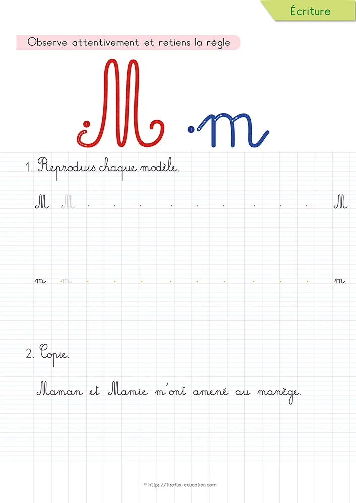 Aperçu de la fiche : le m cursive et ses trois ponts sur lignage Seyès, sous une phrase que l'enfant recopie.