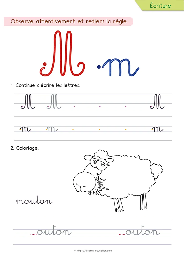 Aperçu de la fiche : le m tracé en cursive avec ses trois ponts, un mouton à colorier et le mot mouton à compléter.