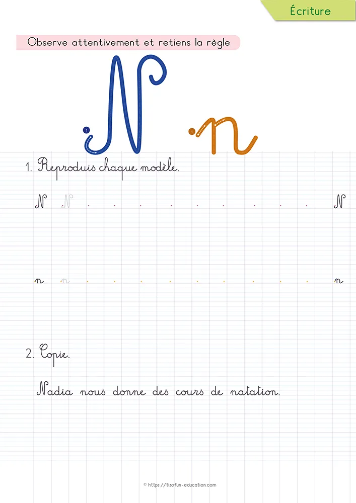Aperçu de la fiche : le n cursive et ses deux ponts sur lignage Seyès, sous une phrase que l'enfant recopie mot à mot.