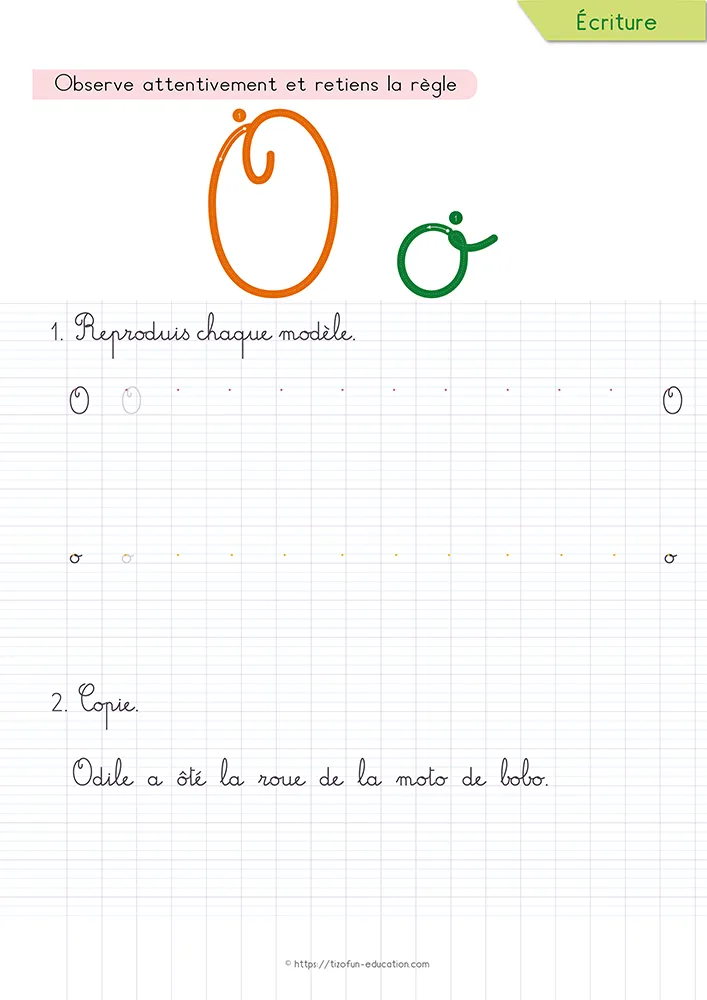 Aperçu de la fiche : le o cursive et son attache sur lignage Seyès, sous une phrase longue que l'enfant recopie.