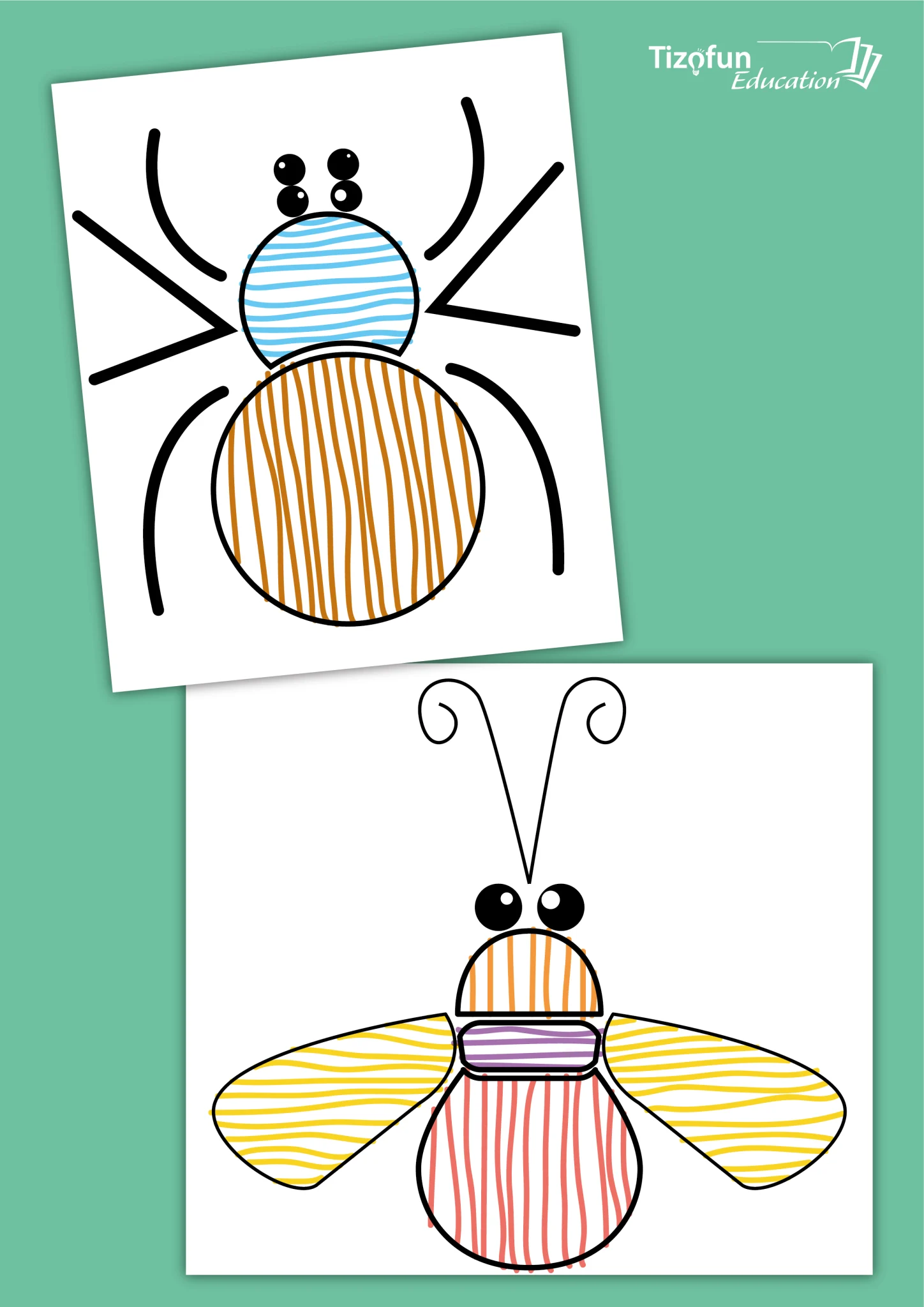 Fiche de graphisme proposant de décorer deux insectes avec des traits horizontaux et verticaux en maternelle.
