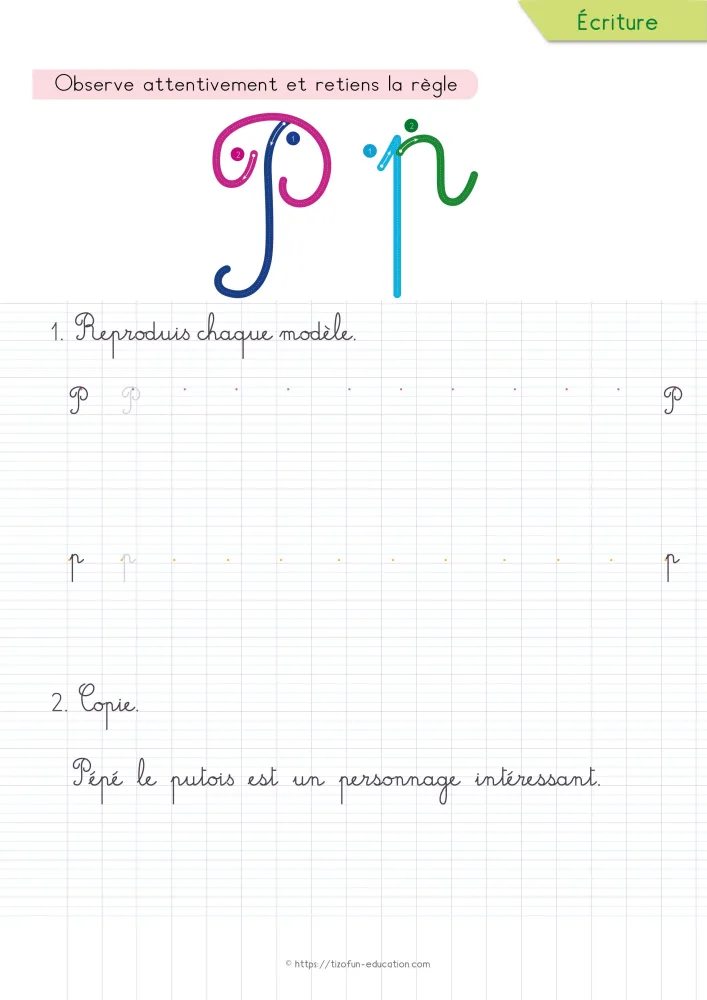Aperçu de la fiche : le p cursive et sa jambe basse sur lignage Seyès, sous une phrase que l'enfant recopie.
