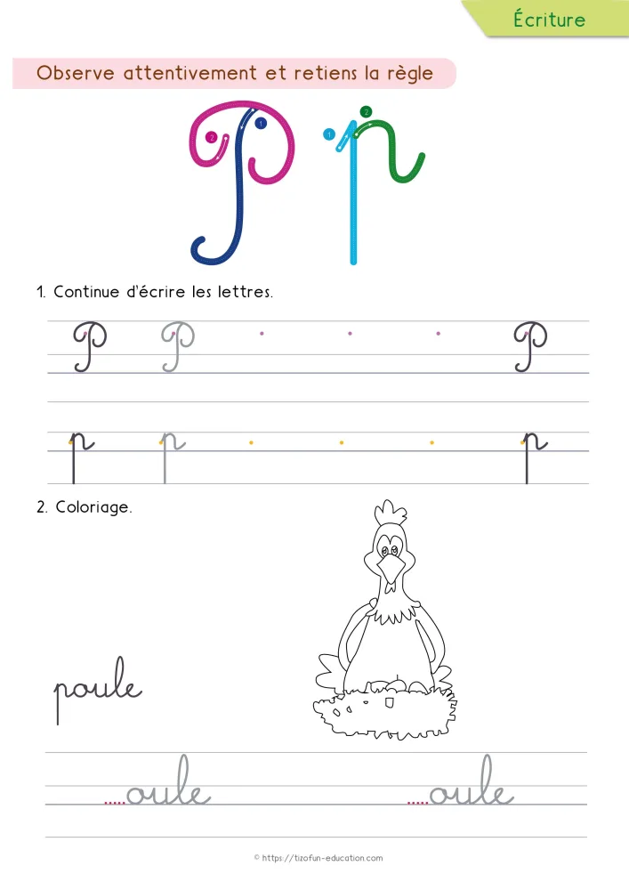 Aperçu de la fiche : le p tracé en cursive sous la ligne, une poule à colorier et le mot poule à compléter.