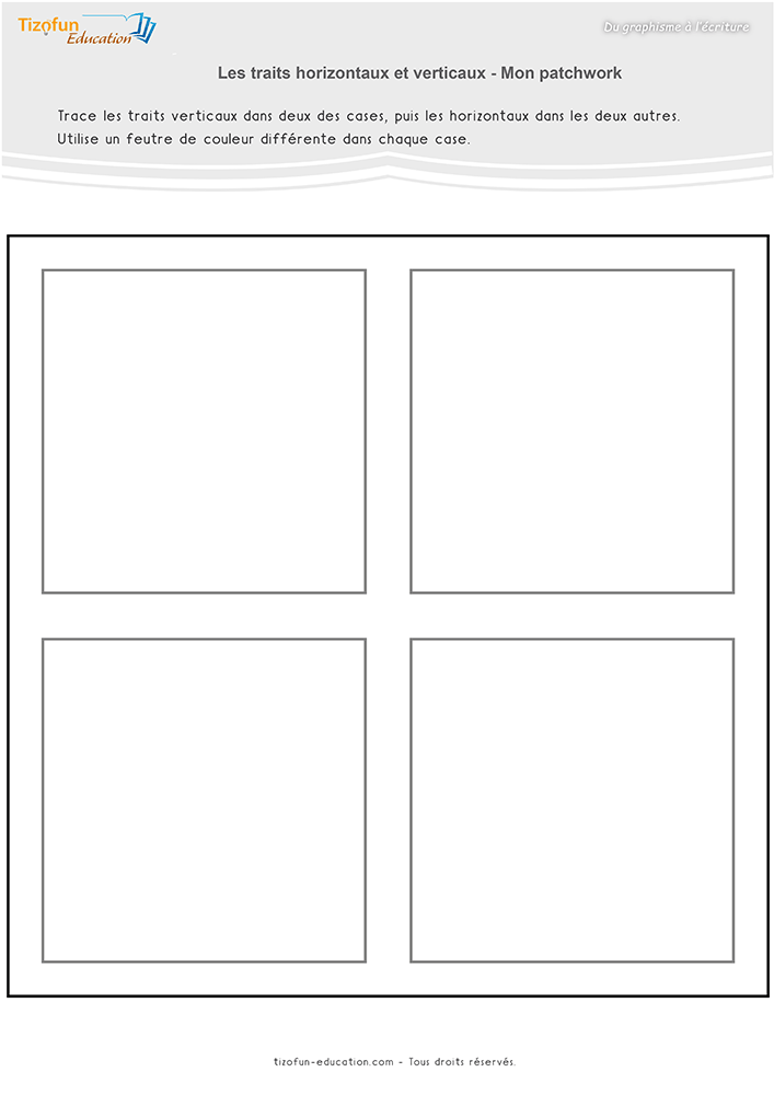 Fiche de graphisme présentant quatre cases à remplir avec des traits horizontaux et verticaux pour créer un patchwork en maternelle.