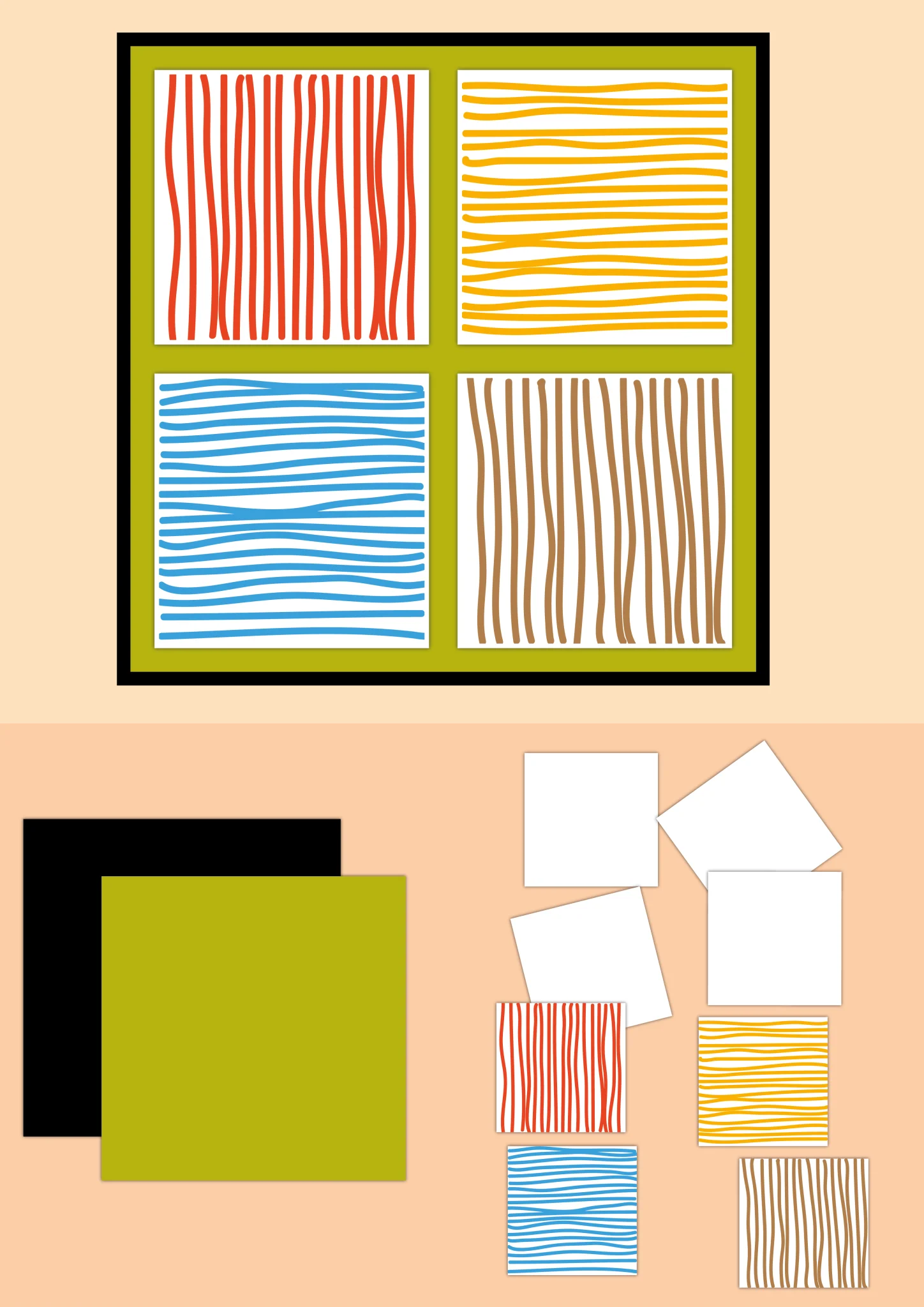 Exemple de patchwork graphique composé de quatre cases remplies avec des traits horizontaux et verticaux de couleurs différentes.