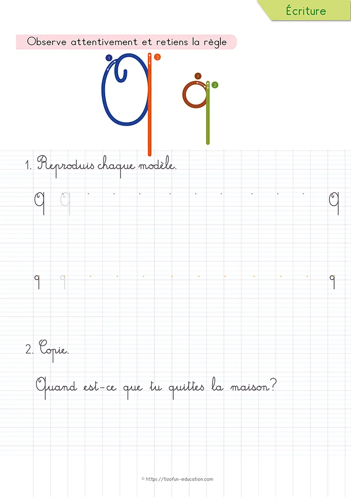 Aperçu de la fiche : le q cursive et sa longue descente sur lignage Seyès, sous une phrase interrogative à recopier.