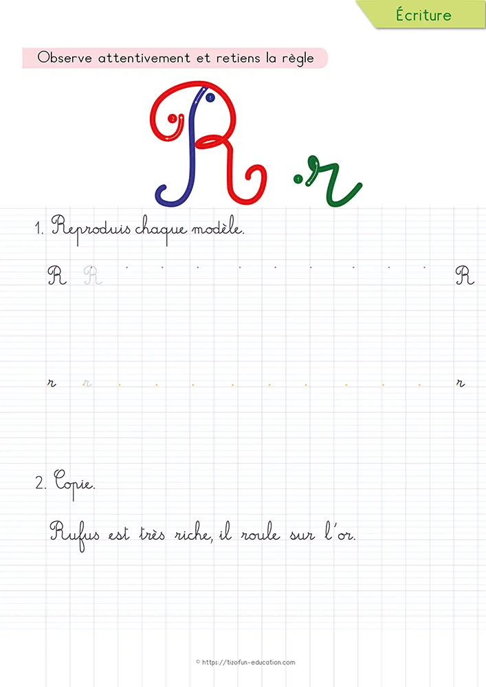 Aperçu de la fiche : le r cursive et son palier sur lignage Seyès, sous une phrase coupée par une virgule à recopier.