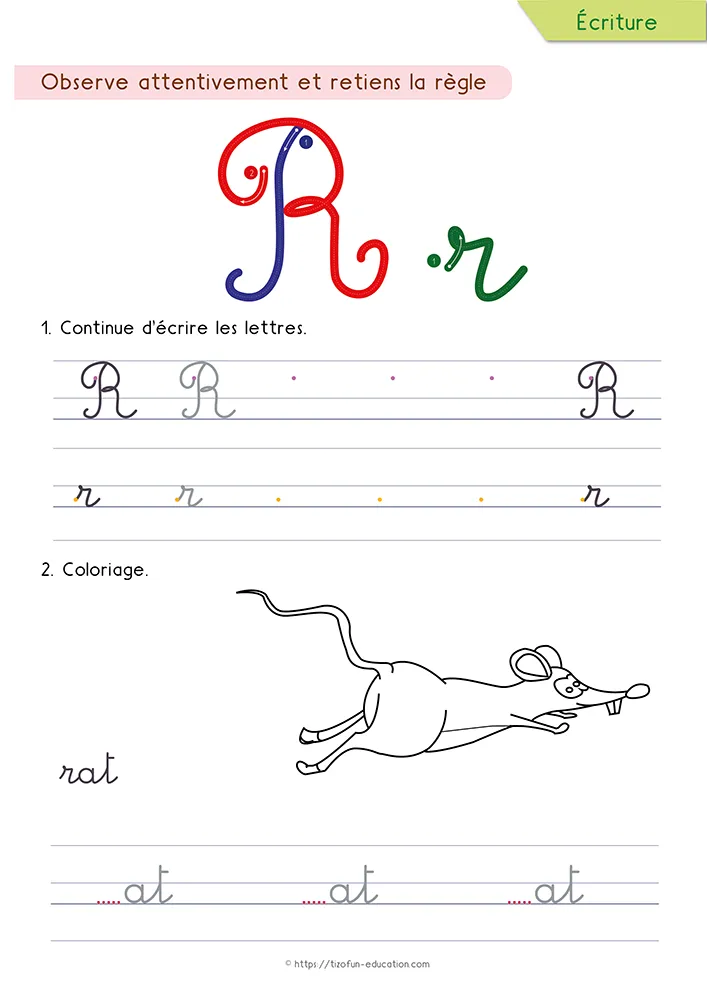 Aperçu de la fiche : le r tracé en cursive avec son épaulement, un rat à colorier et le mot rat à recopier.