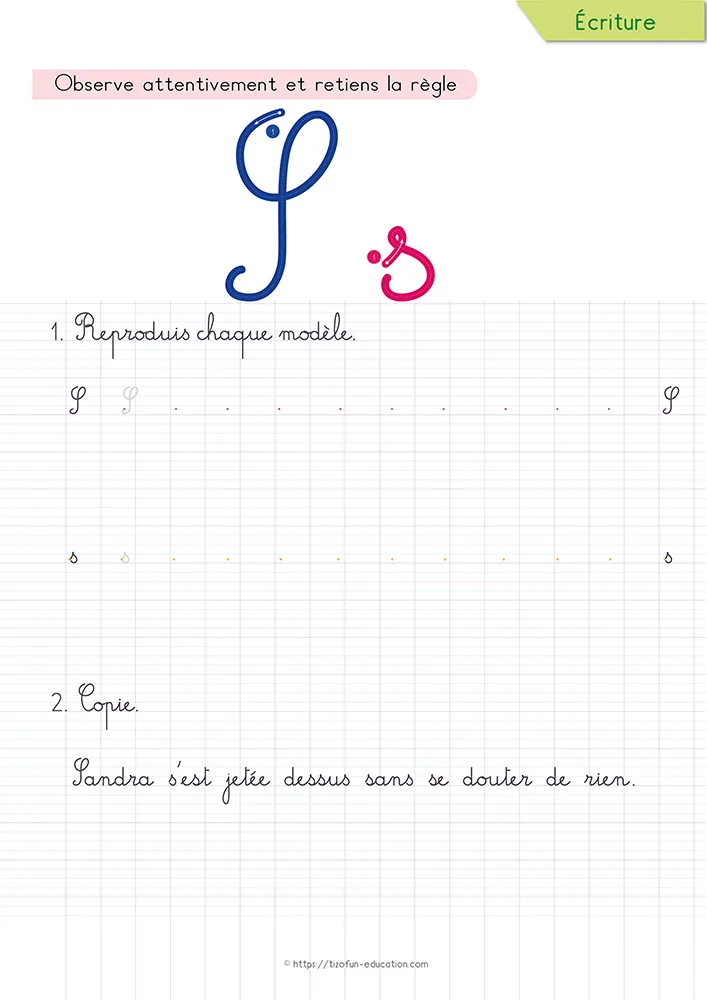 Aperçu de la fiche : le s cursive et sa boucle basse sur lignage Seyès, sous une phrase de neuf mots à recopier.