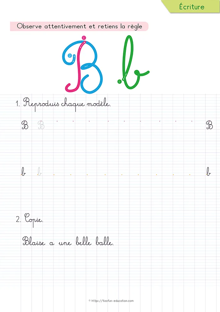 Aperçu de la fiche : le b cursive répété sur lignage Seyès, sous une phrase modèle que l'enfant recopie à son tour.