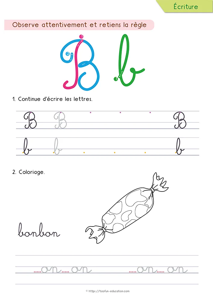 Aperçu de la fiche : le B tracé en cursive sur lignage Seyès, un bonbon à colorier et le mot bonbon à compléter.