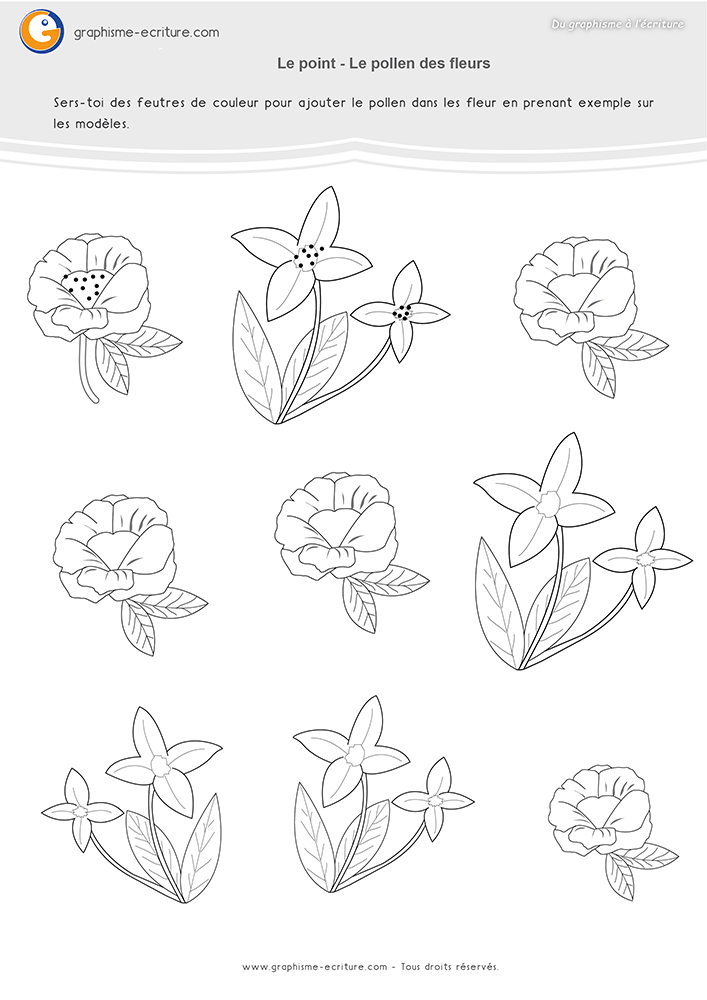 Activité de Graphisme point pollen fleurs en Maternelle où les enfants complètent le pollen des fleurs en reproduisant les points du modèle.