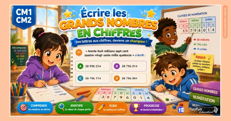 Exercice interactif de CM1-CM2 pour écrire les nombres en chiffres à partir des nombres en lettres : centaines, milliers et millions.