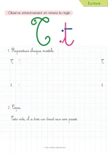 Copier une phrase en cursive avec la lettre T : dix mots et un passé composé