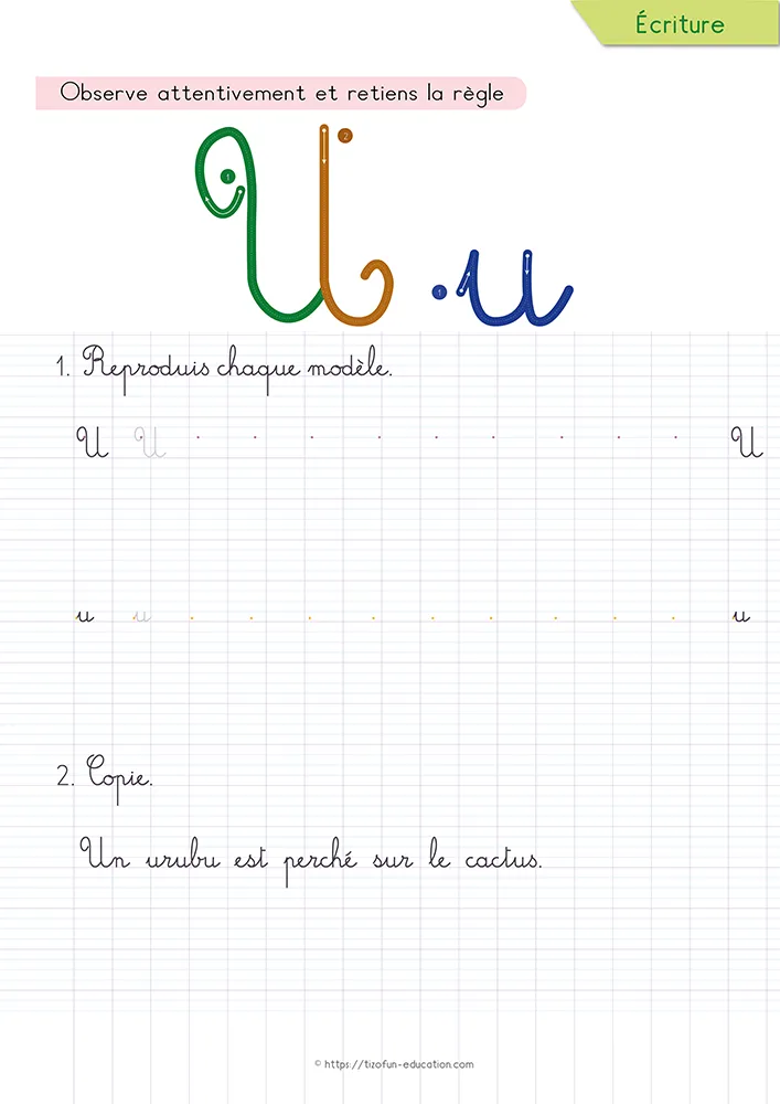 Aperçu de la fiche : le u cursive et ses deux creux sur lignage Seyès, sous une phrase que l'enfant recopie.