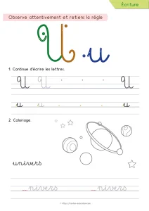 Écrire la lettre U en cursive : le n retourné et le mot univers