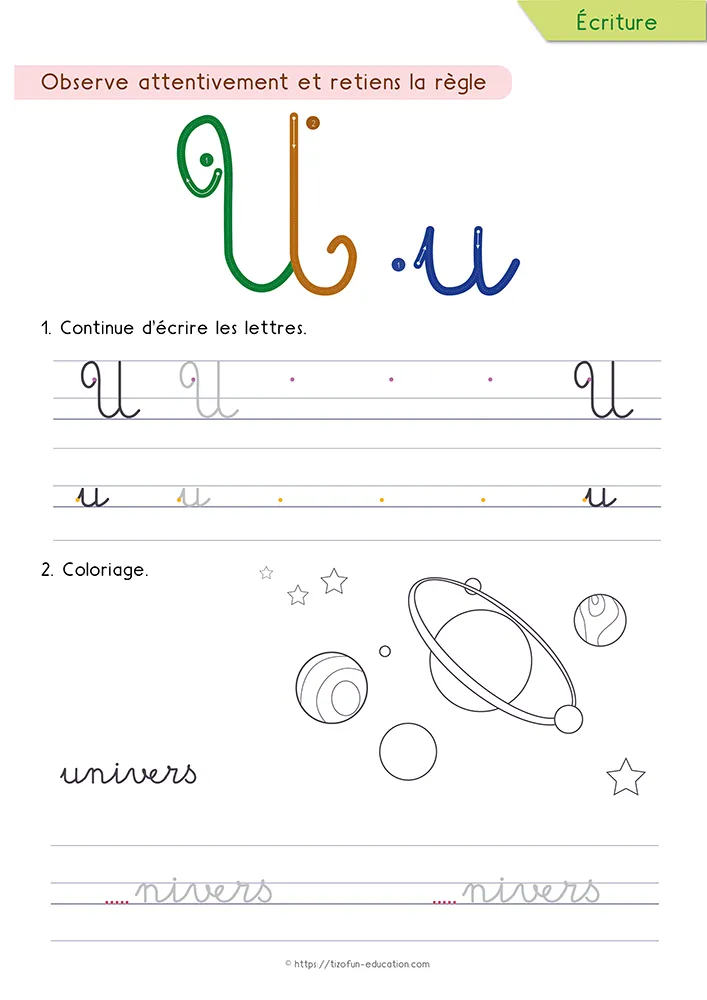 Aperçu de la fiche : le u tracé en cursive avec ses deux creux, des planètes à colorier et le mot univers.
