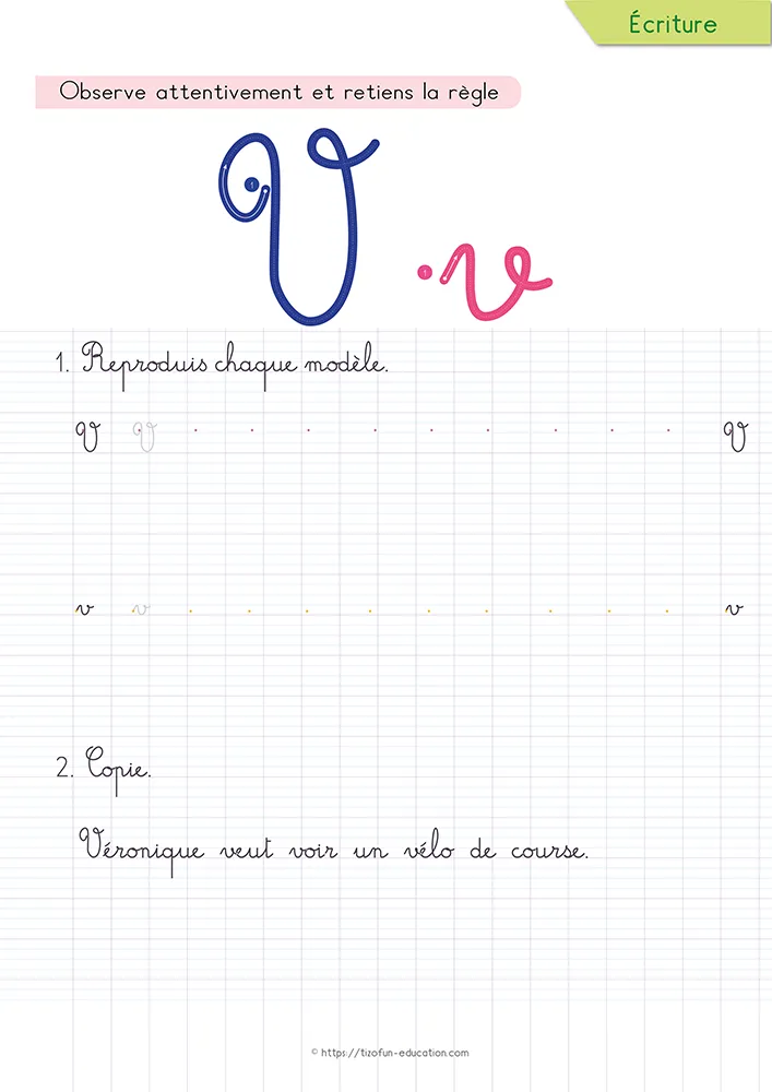 Aperçu de la fiche : le v cursive et sa pointe sur lignage Seyès, sous une phrase que l'enfant recopie mot à mot.