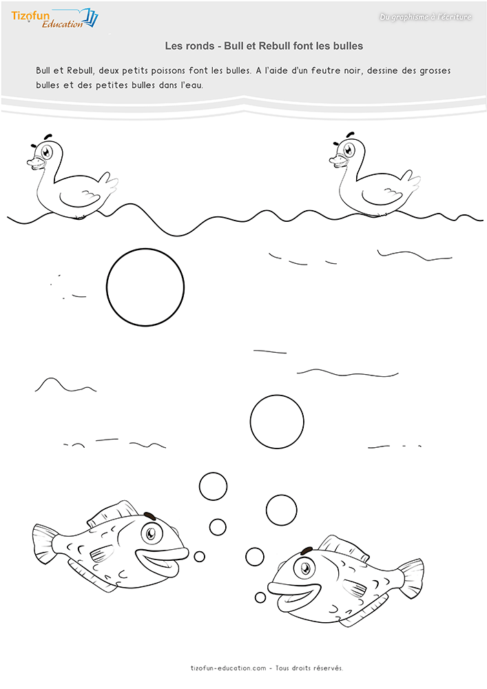 Deux poissons dans l'eau avec plusieurs bulles rondes de tailles variées à compléter dans une activité de graphisme en maternelle.