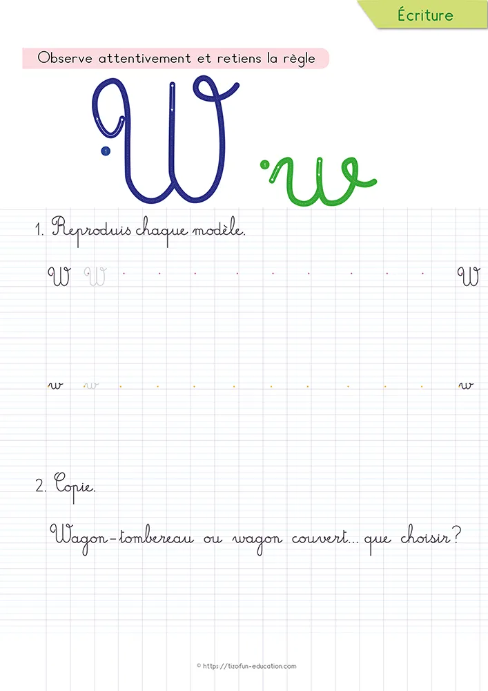 Aperçu de la fiche : le w cursive et ses deux pointes sur lignage Seyès, sous une phrase ponctuée à recopier.