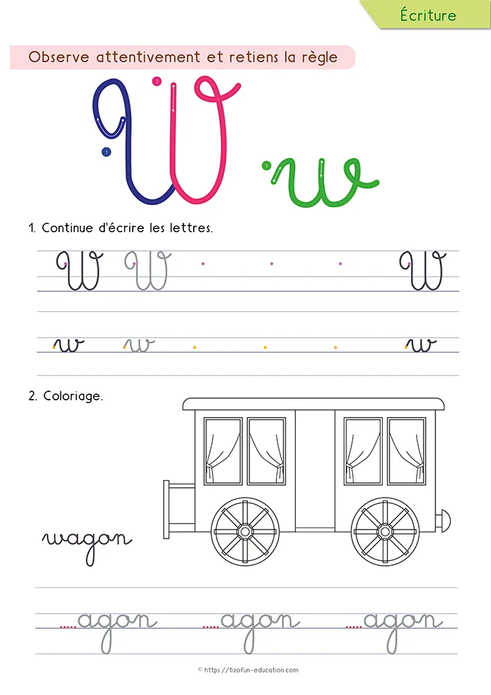 Aperçu de la fiche : le w tracé en cursive avec ses trois creux, un wagon à colorier et le mot wagon.