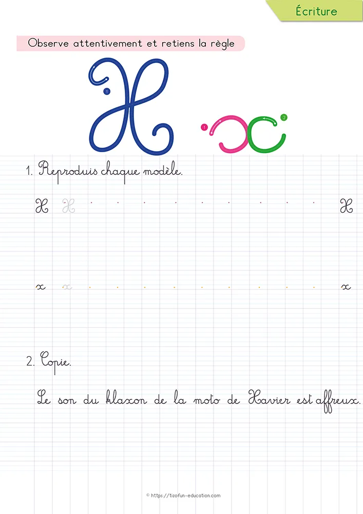 Aperçu de la fiche : le x cursive et sa barre sur lignage Seyès, sous la phrase la plus longue de la série à recopier.