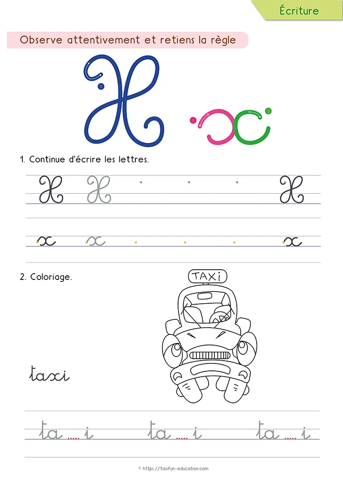 Aperçu de la fiche : le x tracé en cursive entre deux lettres, un taxi à colorier et le mot taxi sur lignage.