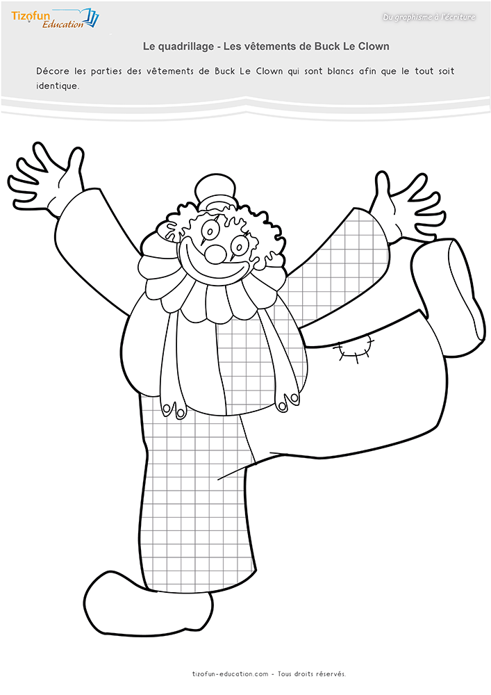 Activité de Graphisme quadrillage vêtements clown en Maternelle où le costume de Buck est complété par des lignes horizontales et verticales régulières.