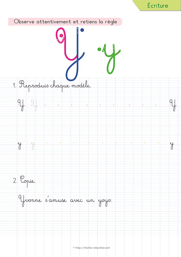 Aperçu de la fiche : le y cursive et sa boucle sous la ligne, sur lignage Seyès, sous une phrase courte à recopier.